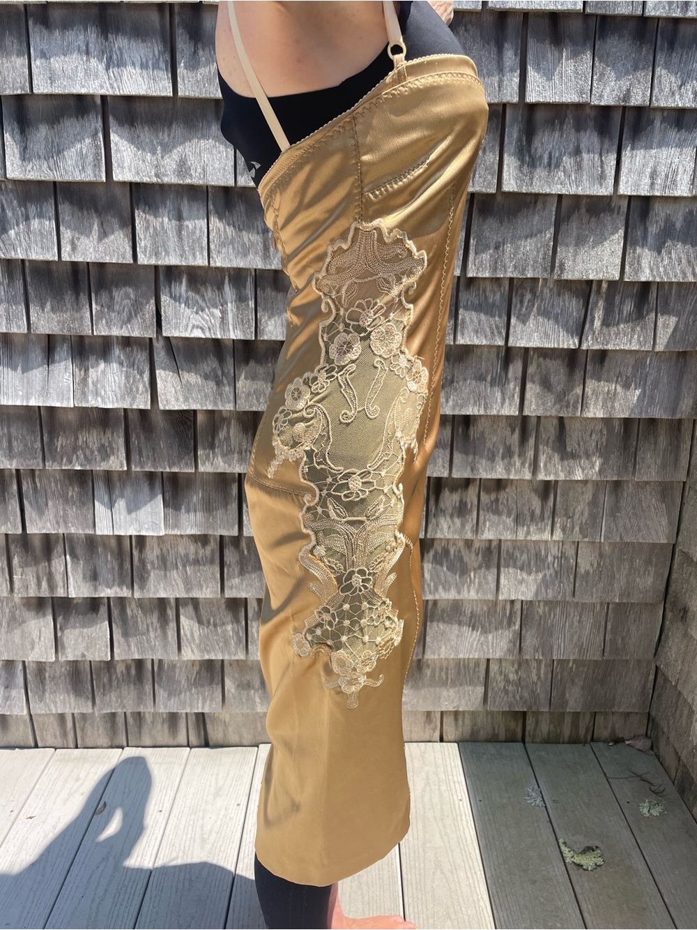 Dolce & Gabbana Satin Slip Dress with Lace Panels - Bronze-Size 0 - Picture 5 of 7
